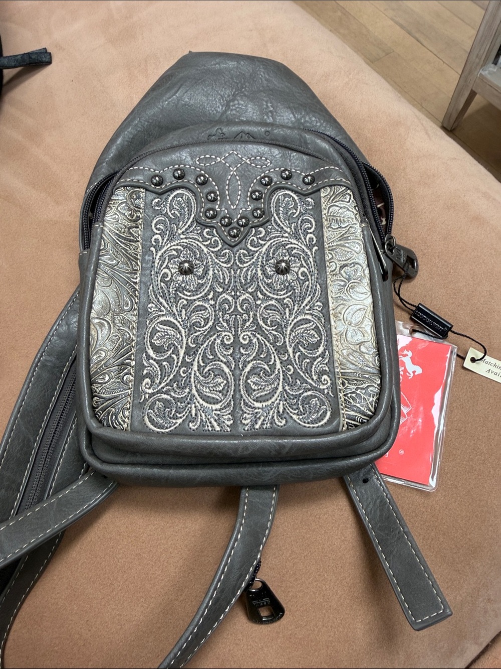 Gray Embroidered pleather convertible Sling Backpack unisex Montana West NEW!